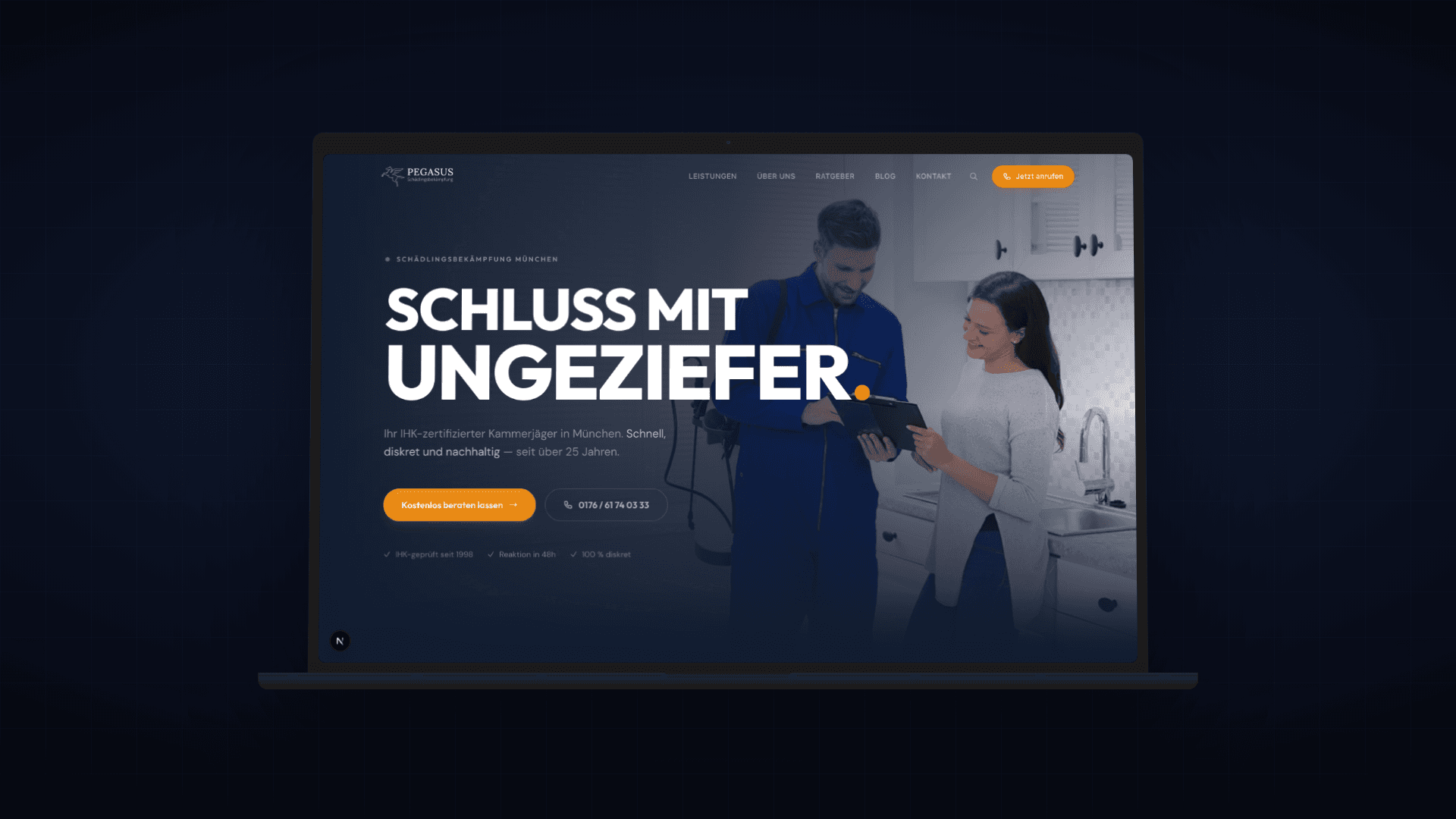 Pegasus Sch\u00e4dlingsbek\u00e4mpfung Website auf MacBook