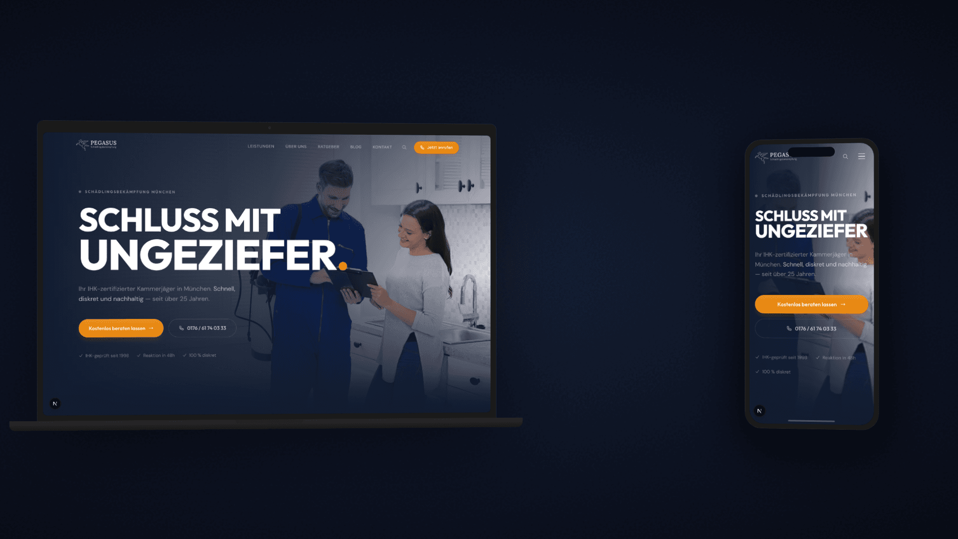Pegasus Website auf Desktop und iPhone — responsives Design in Aktion