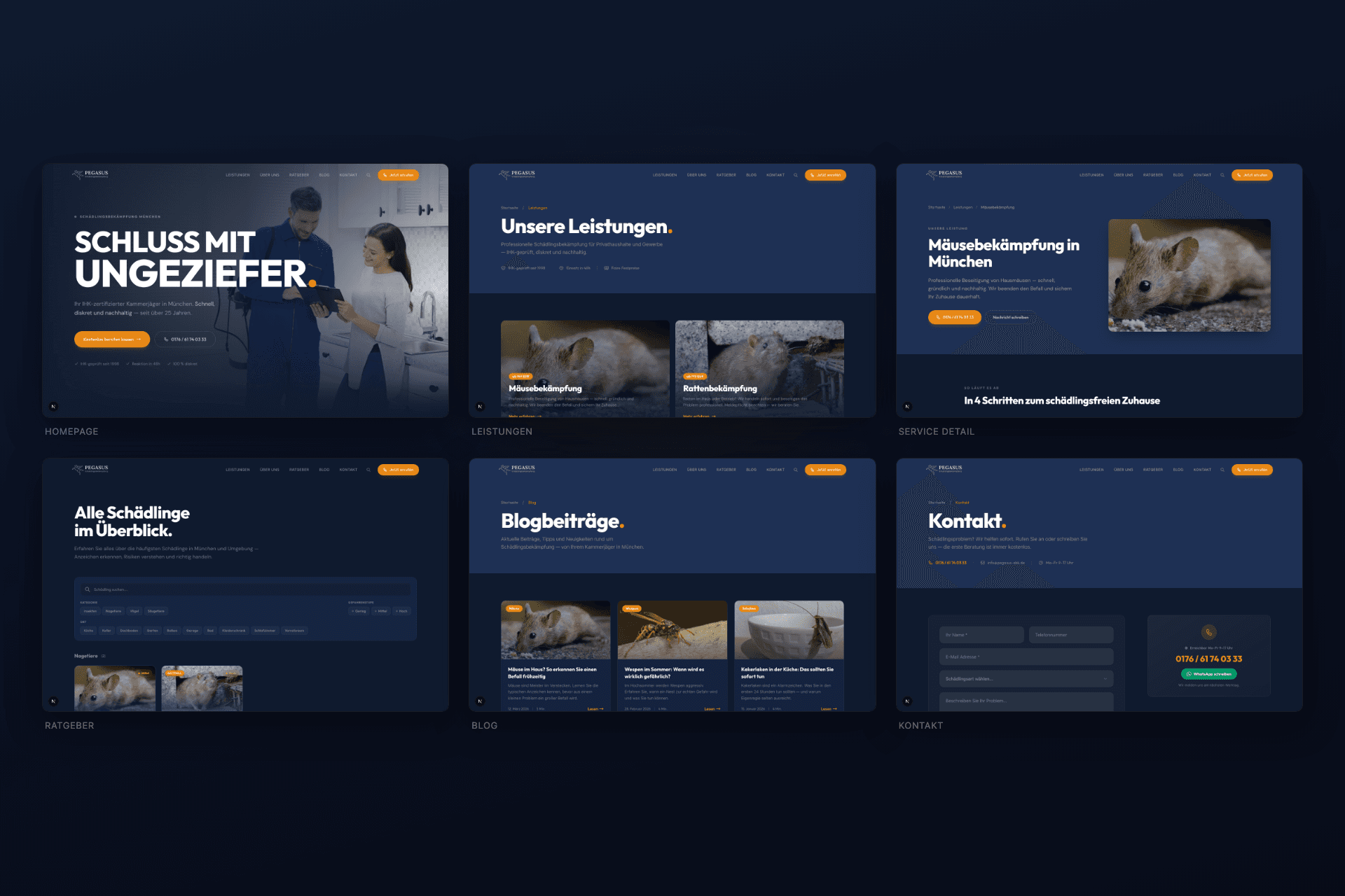 Sechs Hauptseiten der Pegasus Website: Homepage, Leistungen, Leistungsdetails, Sch\u00e4dlingsratgeber, Blog und Kontakt