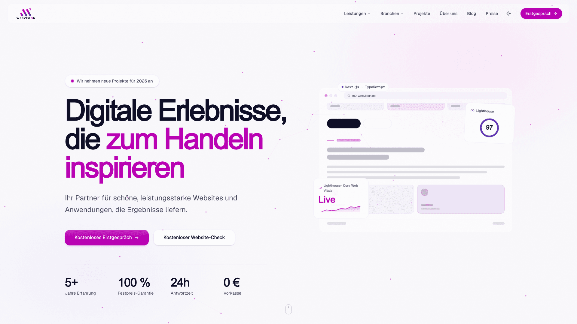 m2-webvision.de — Startseite mit Hero-Section und Live-Metriken