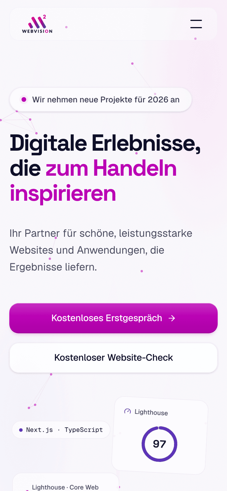 m2-webvision.de auf dem Smartphone — Mobile-Ansicht der Startseite
