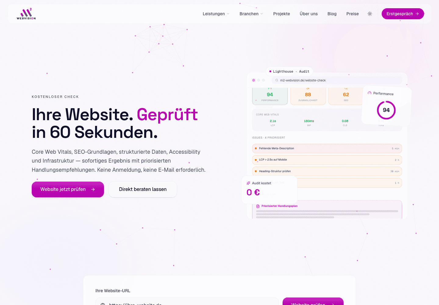 Der kostenlose Website-Check auf m2-webvision.de — Analyse-Tool mit Score-Anzeige